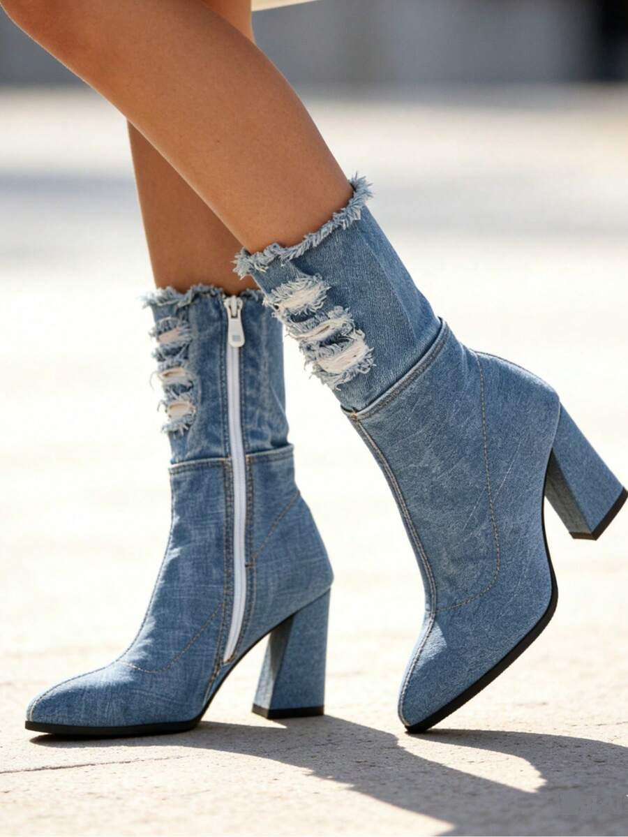 Women's Blue Denim Ankle Boots Pointed Toe Chunky High Heel Jeans Short Booties With Side Zipper Dress Shoes - 淺藍色 - 查看 1