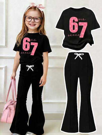 Toddler Girls' Cartoon Print Round Neck Short Sleeve Top And Flare Pants Set