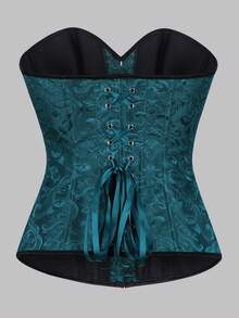 女士束身胸衣，提花经典纯色，系带收腰，提拉胸部，可外穿，适合婚礼、派对、正式场合。 - 墨綠色 - 查看 3