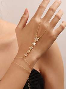 1pc Fashionable & Elegant Rhinestone Star Tassel Chain Linked Finger Ring Bracelet, Versatile & Unique Design For Women, Eid Al-Fitr - Gold - View 5