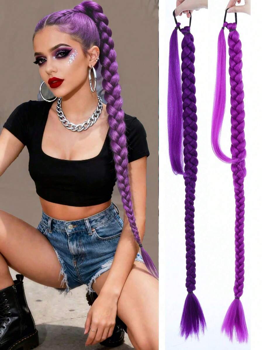 Purple Braided Hair Extensions, Elastic Ponytail Wig, Suitable For Party And Christmas - 彩色 - 查看 1