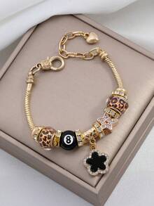 1pc Fashion Rhinestone Beaded Pendant Bracelet, Butterfly, 5-Petal Flower, Star, Cross Pendant Charm Bracelet For Girls - Golden - View 4