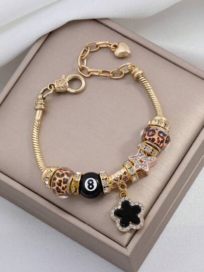 1pc Fashion Rhinestone Beaded Pendant Bracelet, Bow, 5-Petal Flower, Star, Cross Pendant Charm Bracelet For Girls