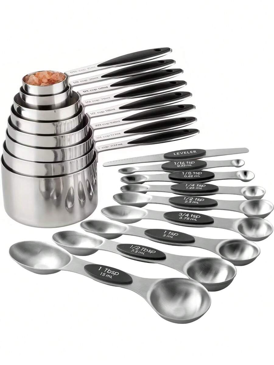 Juego de 9 cucharas medidoras magnéticas de acero inoxidable, cucharas de café medidoras, juego de cucharas medidoras de té y cucharas medidoras de mesa de acero inoxidable, utensilios de medición de cocina de metal para el hogar, con unidades de medida métricas e inglesas, adecuado para ingredientes secos y líquidos, apto para el hogar, repostería y cocina, utensilios de cocina y herramientas de medición para hornear - - - Ver 1