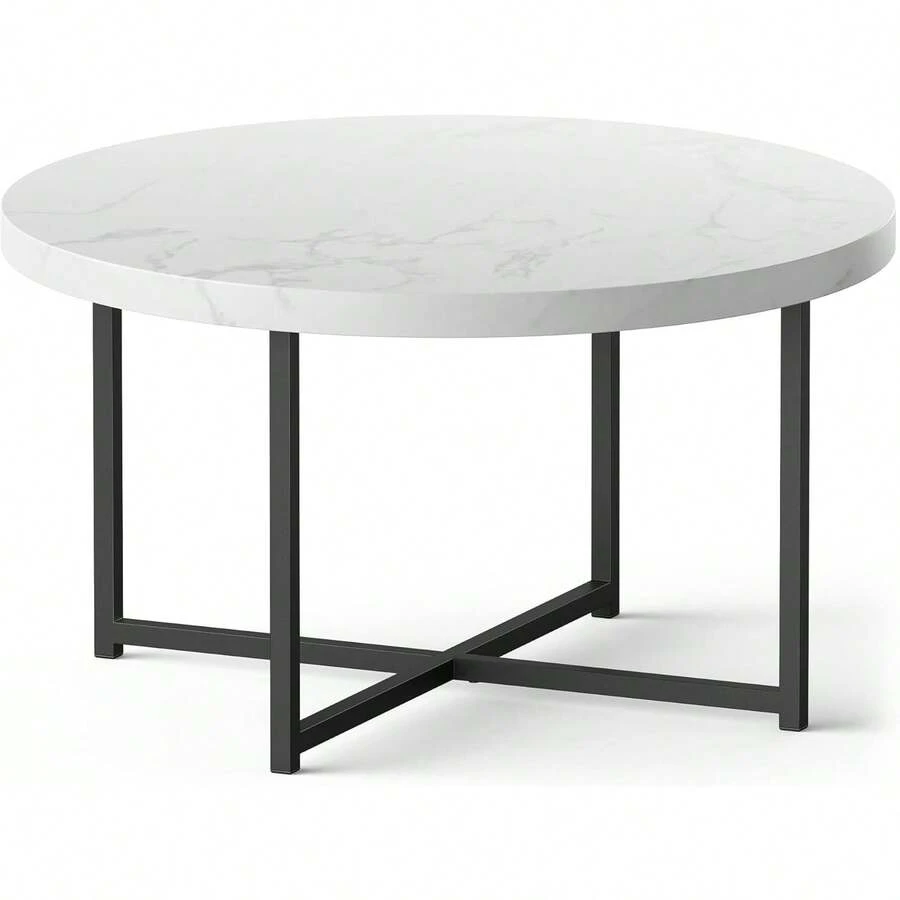 Coffee Table For Living Room - Round Grey Concrete Look Living Room Table - Modern Style With Black Powder Coated Metal Legs - White - View 1