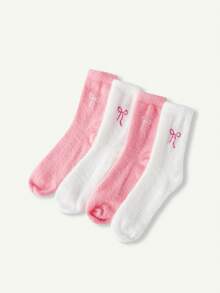 Bonmuse 2/4 Pairs Of White And Pink Fuzzy Women's Crew Socks, Bow Pattern Warm Socks, Soft And Comfortable, Suitable For Autumn And Winter,Random Colors, Fluffy Socks - Multicolor - View 2