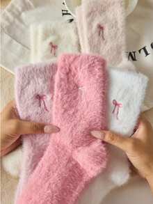 1Pair Of White And Pink Fleece Socks, Bow Design, Warm, Soft And Comfortable, Suitable For Autumn And Winter, Valentine's Day Gift. - 白色 - 查看 2
