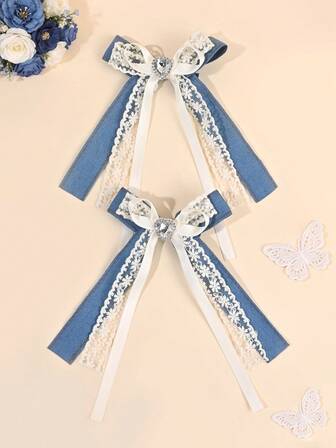 2pcs Jeans Fabric Blend Of Lace Hair Clips For Girls Slik Ribbon Hair Bows Heart Rhinestones Decor Alligator Clips Sweet And Cool Style Barrettes Daily Gift Hairpins Teens Hair Accessories