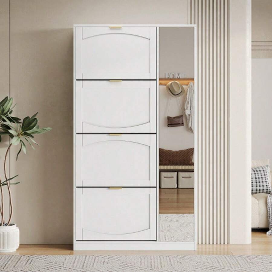 Modern Shoe Cabinet With Mirror, 4 Fold-Down Storage Compartments, Adjustable Shelf Behind The Right-Hand Mirror, Ideal For The Entryway, White, Dimensions: W 80/H 147/D 24 Cm (Old Reference: N657P20154449W) - trắng - Xem 1