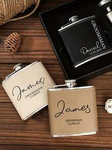 1pc Customized Engraved Leather Wrapped Stainless Steel Flask, Personalized Leather Flask For Men, Customizable With Name, Suitable As Gift, Groomsman Gift, Best Men's Gift, Leather Flask, Engraved Groomsman Flask, Wedding Flask - Multicolor - View 5