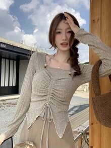 Women's Casual Square Neck Raglan Sleeve 2 In 1 Knit Sweater, New Design Top - Khaki - View 2