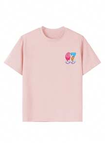 Girls "67" Ice Cream Cartoon Print T-Shirt, Fashionable Summer Top For Girls - Pink - View 8