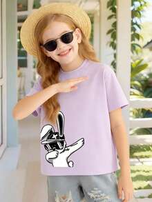 Koszulka z nadrukiem dla nastoletnich dziewcząt z kreskówkowym królikiem w okularach – luźna, krótka koszulka z okrągłym dekoltem i swobodnym rękawem dla dziewczynek – idealny prezent na lato, odpowiedni do szkoły wiosną/latem i na zewnątrz - Wrzosowy - Zobacz 1