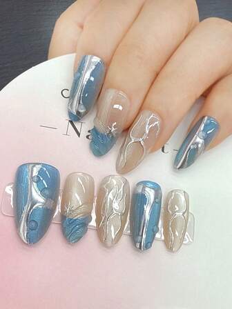 10 st/set Y2K handgjorda press-on naglar, akrylmandel cat eye 3D press-on naglar. Lämplig för kvinnor och flickor, fest och vardagskläder