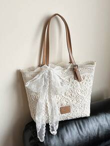 Lace Niche Design Fresh Literary Tote Bag With Bow, Fashionable And Simple Casual Handbag, Large Capacity And Highly Attractively Women's Shoulder Bag, Elegant Women's Underarm Bag, Suitable For Vacation Beach Commuting Daily Matching Photo Giving - White - View 2