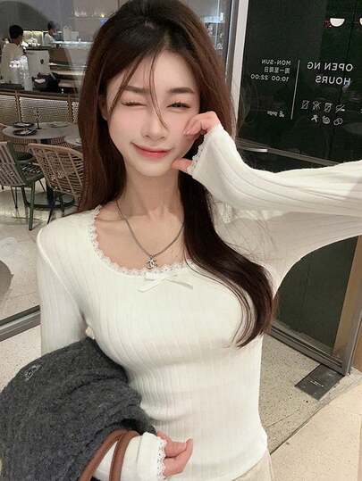 女士纯色长袖休闲修身T恤，春夏款