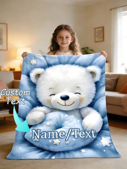 Custom Name Bear & Stars Blanket - Personalized Plush Flannel Throw With "Name/Text" Placeholder, Soft Polyester, All-Season Comfort, Machine Washable, Ideal Gift For Home Or Camping, Cozy Bedding, Playful Design, Bedspread