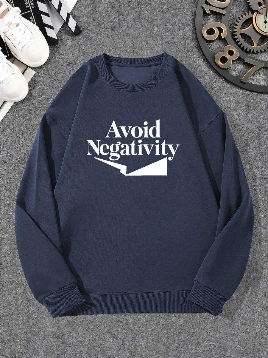 Sudadera Casual de Cuello Redondo con Patrón de Evitar Negatividad para Hombres - Azul Marino - Ver 1