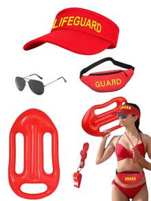 1/2/3/4/5pcs Spring/Summer New Surfing Costume Set, Funny Festival Lifeguard COS Beach Peaked Cap, Red Fashion Glasses, Whistle, Surfboard Bag, Beach Vacation Outfit Valentine's Day Costume - Multicolor - View 10