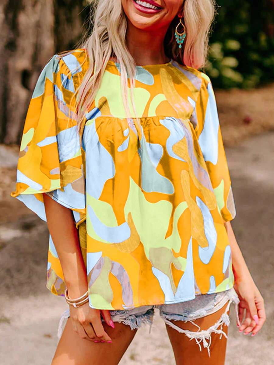 Women's Abstract Pattern Loose Fit Round Neck Blouse Vacation Summer - Yellow - View 1