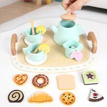 1 Set Wooden Children's Pretend Play Afternoon Tea Set, Includes Tray, Cups, Desserts, Suitable For Children 3+