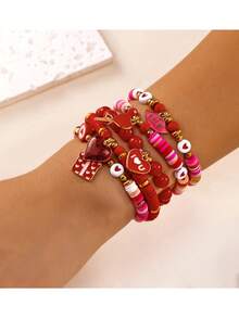 5件套情人节手链套装 - 心形“LOVE”玫瑰吊坠，多层手链套装，心形手链，聚合物粘土人造水晶串珠手链，情侣手链，情人节礼物，节日派对礼品，生日礼物 - 彩色 - 查看 3