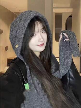 1pc These Integrated Knit Hood-Scarf Sets (In Versatile Hues With Details) Blend All-In-One Warmth And Sleek Design, Making Them Ideal Practical Cold-Weather Accessories