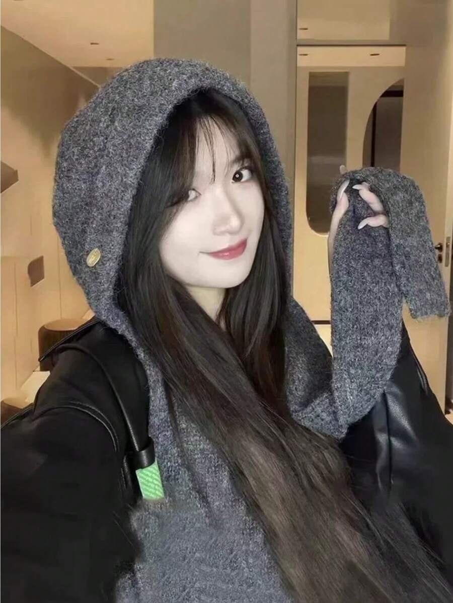 1pc These Integrated Knit Hood-Scarf Sets (In Versatile Hues With Details) Blend All-In-One Warmth And Sleek Design, Making Them Ideal Practical Cold-Weather Accessories