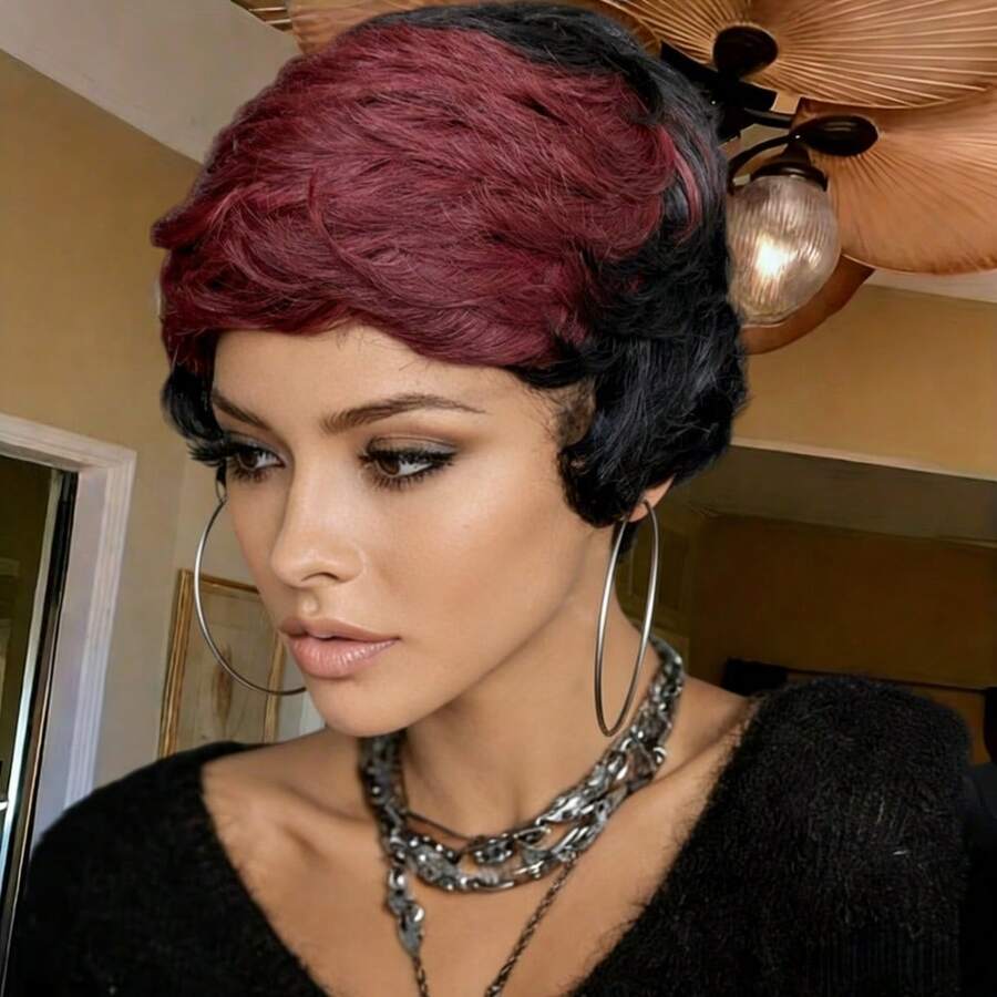 6英寸精灵短直发假发，150%密度，玫瑰网帽，全机织，颜色可选1B99J、1B30、1B27#，适合日常佩戴 - 彩色 - 查看 1