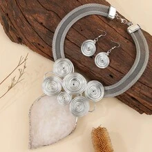 夸张华丽的多层手工编织重型铝丝树脂链波西米亚风欧式中东韩式晚宴派对假日女士树脂叶形项链耳环套装 - 銀色的 - 查看 5