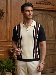Men's Striped Short Sleeve Casual Knit Polo Shirt - Black - View 3