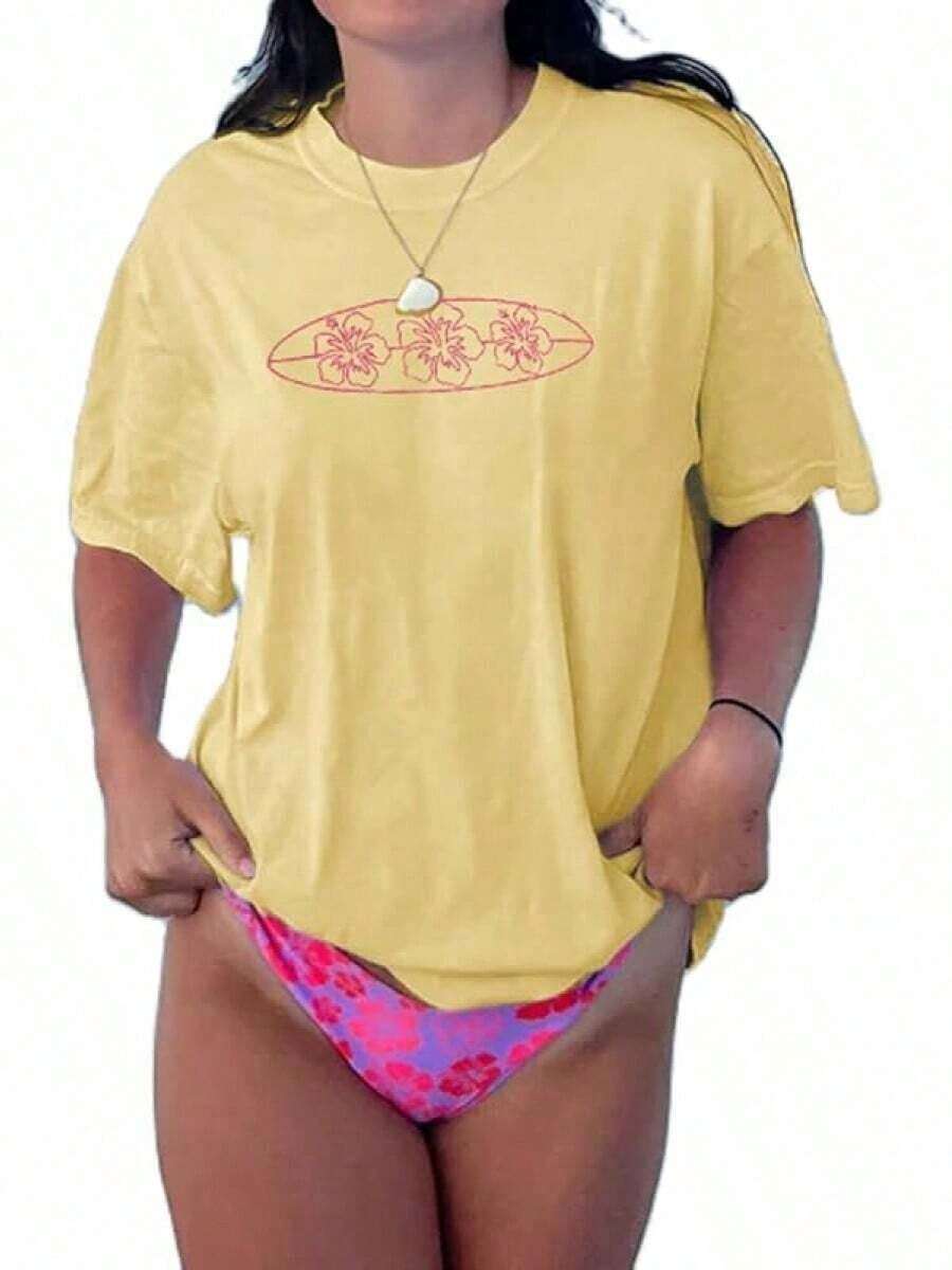 2026 Summer ClothesWomen's Tops Letter Tee Graphic T-Shirts, Women Teens Oversized Graphic Tee Shirts Y2k Short Sleeve Floral Aesthetic Tshirt Top Summer Cute Preppy Clothes-For Women, Holiday, Vacation,Daily Casual Fashion And Versatility. Loose And Comfortablesummer Tops - 黃色夏季上衣 - 查看 1