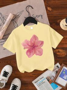 1pc Girls' Casual Printed Round Neck Short Sleeve T-Shirt, Summer Student Outfit - Artistic Style T-Shirt Inspiring Imagination And Self-Expression - Yellow - View 2