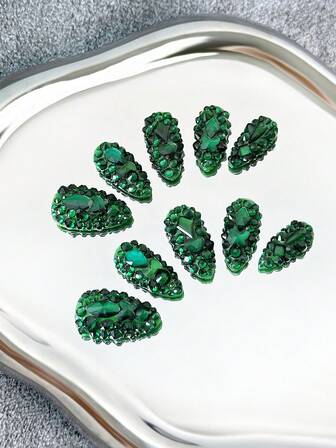 Almond Nails Handmade Press-On Nails With Transparent Tips, Green Rhinestones & Sparkling Full-Coverage 3D Designs - Full Cover DIY Glitter Artificial Nails, False Nails For Parties, Outdoor, Beach, Daily, Holidays, Gatherings, Work & Special Events - 10 Pieces/Bag