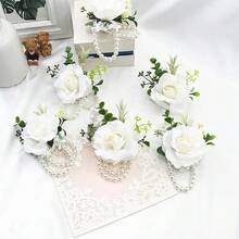Meldel White Ivory Rose Wrist Corsage Boutonniere For Men Wedding Wrist Flower Corsage Hand Flower For Bride Bridesmaid Prom Decor Paty ,3Boutonnieres&3WristCorsagesWhite - 3枚胸花及3顆腕花 白色 - 查看 3