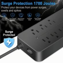 Surge Protector Power Board, Extension Cord With Multiple Sockets, 8 Sockets, 4 USB Ports (1 USB C), Multi-Plug Socket Extender Necessary For University Dormitory Rooms In Home Office - Black - View 3