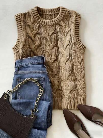 女士休闲纯色圆领无袖针织背心，春秋季