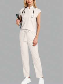 2pcs Set: Minimalist Solid Color Notch Collar Top And Long Pants Pajama Set Spring - Beige - View 6