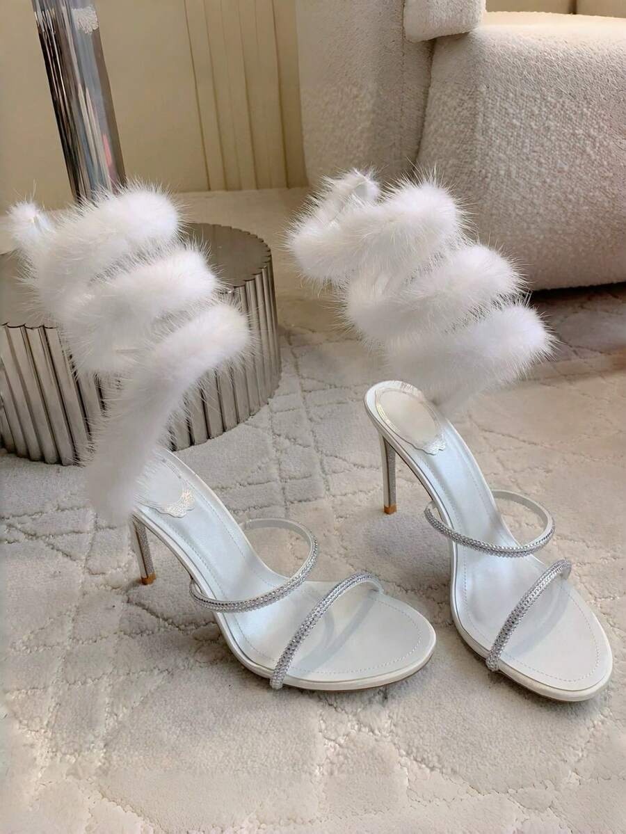 European & American Style Mink Fur Gold Crystal Embellished Stiletto High Heel Sandals, Sexy Open Toe Strap Party Shoes For Women - White - View 1