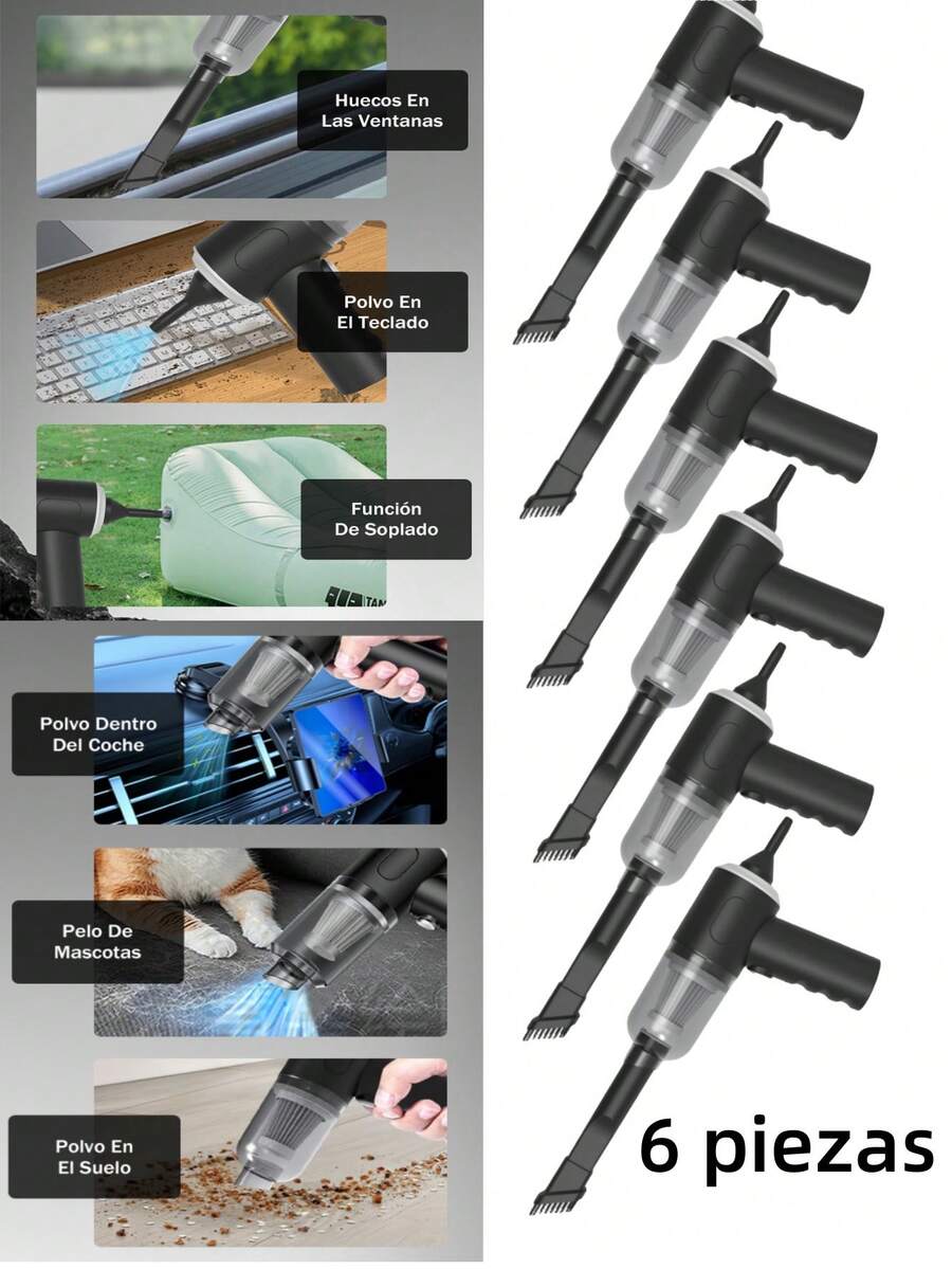 Aspiradora mini 6 en 1, alta potencia, súper succión, con funciones de emergencia: cuchilla para cortar cinturones de , cono puntiagudo para romper ventanas; batería de litio recargable de ultra alta duración, aspiradora portátil imprescindible para vacaciones, veranos y viajes, aspiradoras para recolección de polvo, aspiración, inflado y otras funciones.