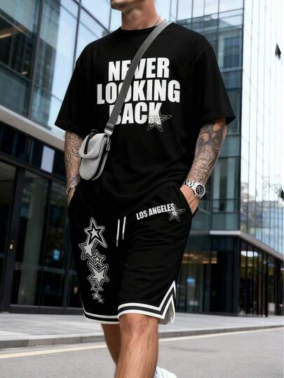 Men's Printed Short Sleeve T-Shirt And Front Tie Shorts Casual Suit