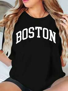 Boston Graphic T Shirt Women Oversized Casual Top Streetwear Fashion Loose Fit Black Tee Shirt For Everyday Wear Summer Outfit,220g - 黑色 - 查看 1