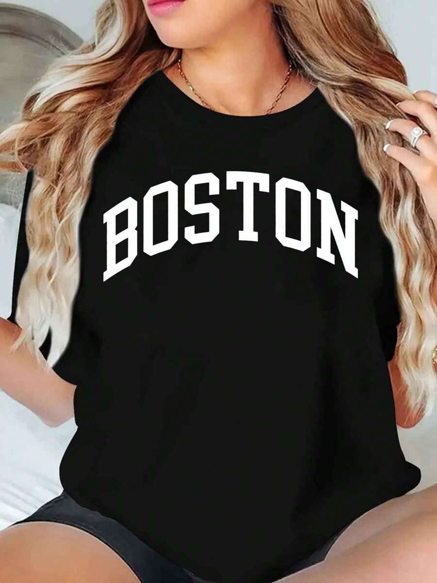 Boston Graphic T Shirt Women Oversized Casual Top Streetwear Fashion Loose Fit Black Tee Shirt For Everyday Wear Summer Outfit,220g - 黑色 - 查看 1