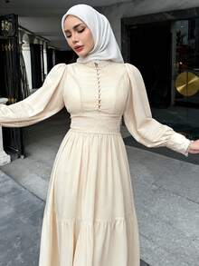 DAZY Elegancka sukienka na wesele dla gości wiosennych, koronkowa sukienka midi z bufiastymi rękawami i stójką, jesienna sukienka z długim rękawem - Beżowy - Zobacz 1