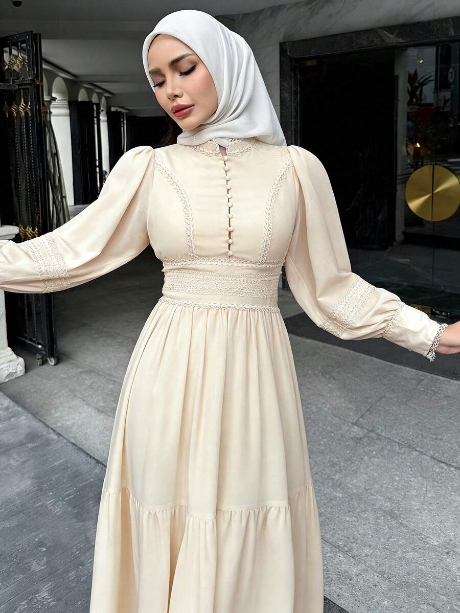 DAZY Elegancka sukienka na wesele dla gości wiosennych, koronkowa sukienka midi z bufiastymi rękawami i stójką, jesienna sukienka z długim rękawem - Beżowy - Zobacz 1