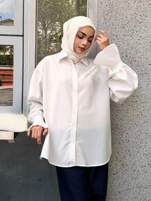 DAZY Camisa con puños plisados y hombros caídos, blusas de manga larga, ropa de otoño con estilo preppy - Blanco - Ver 1