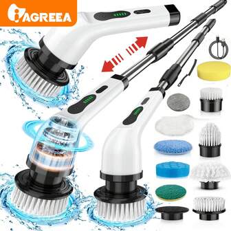 IAGREEA Electric Spin Scrubber, Cordless Cleaning Brush, Shower Cleaning Brush With 9 Or 6 Brush Heads 2H Power Dual Speed, Adjustable Extension Handle, 360 Cordless Cleaning Brush For Bathroom, Bathtub, Tiles, USB-C Charging Cable, Rotating Cleaning Brush, 2000mAH