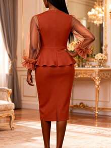 Women Elegant BrickRed Fitted Dress With Sweetheart Neckline Sheer Puff Sleeves Ruffled Pleated Hem Rhinestone Belt Dresses Formal Cocktail Party Wedding Spring - Red - View 4