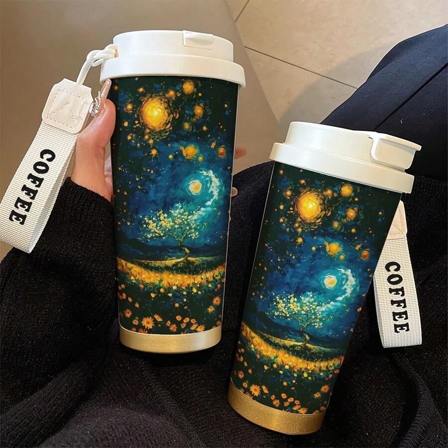1PC530ml, Eight Different Styles Of Insulated Cups. Full Of Modernity, Personalized, And Cuteness, There Are Van Gogh's Artistic Starry Sky, Butterfly Girl, Skeleton Plants, Line Green Flowers Drems. Many Different Styles, Suitable For Holidays And Personalization. Suitable For Outdoor Sports Carrying, Camping, Walking, Playing Ball, And Home Use. - Multicolor - View 1