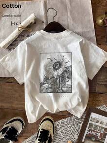 Women's 100% Cotton Short Sleeve T-Shirt With Sunflower Print, Spring/Summer - White - View 3